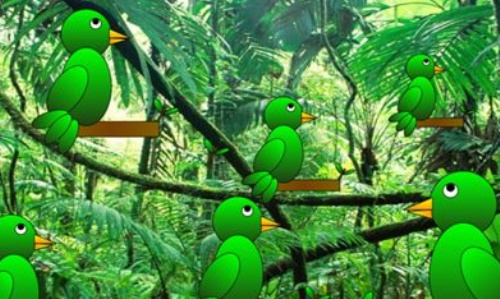 A vector drawing of green birds in a rain forest created on a computer by one of the year 5 students.